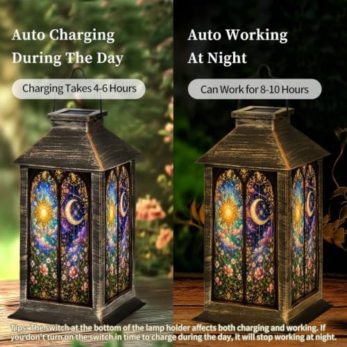 Solar Hanging Lantern Sun Moon Stained Glass Floral Gothic Window Celestial Night Sky Ornate Waterproof LED Lights Decor Patio Yard Lawn Porch Lamp, Birthday Gift for Mom Women Garden Outdoor Decor - Image 4