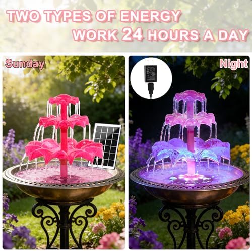 3.5W Solar Fountain Pump for Bird Bath, 3-Tier Red Solar Water Pump with 8 LED Lights, 32.8FT Power Cord and Adapter Included, Dual-Powered for 24/7 Use for Garden, Pond, Pool, Fish Tank and Lawn - Image 5