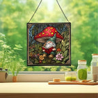 Gnome in Mushroom Hollow Stained Glass Suncatcher – Square Hanging Window Panel for Home or Greenhouse – Whimsical Glass Art Gift for Garden Lovers, Christmas, Halloween, Father Days FpWUpN - Image 2