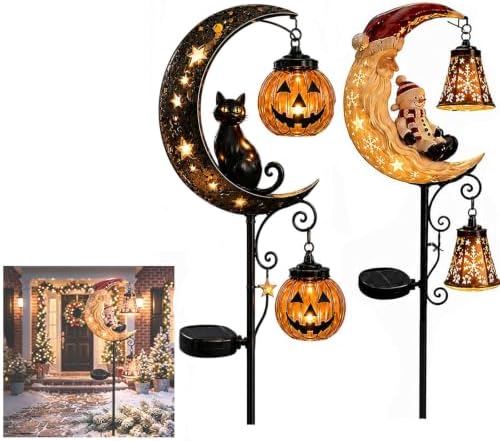 Solar Halloween Black Cat & Pumpkin Moon Garden Stake Light,2-in-1 Waterproof Outdoor LED Yard Decor with Hanging Lantern,Auto Dusk-to-Dawn Lawn Ornament for Pathway,Patio, Walkway (Color-F-2PCS) by HZSprance
