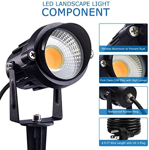SUNVIE LED Outdoor Spotlight 12W Landscape Lighting 120V AC Waterproof Landscape Lights Spot Lights for Yard with Spiked Stake Warm White Flag Light Garden Decorative Lamp with US 3-Plug in (6 Pack) - Image 6