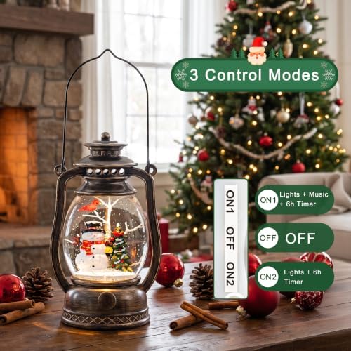 Christmas Snow Globe Lantern with Snowman and Cardinal, Vintage Kerosene-Style Musical Lighted Water Lantern with Swirling Glitter, 6H Timer, USB Powered or Battery Operated, Christmas Decor Gift - Image 3