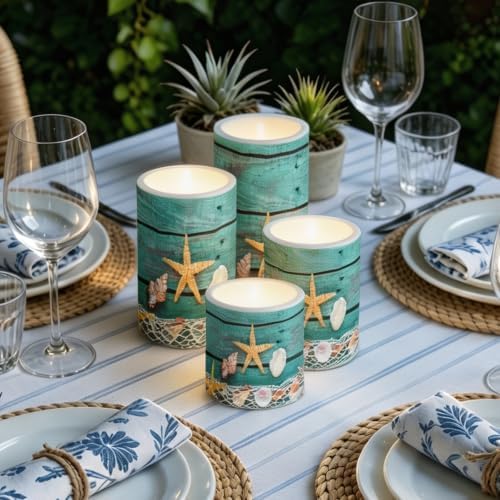 Flameless Light Candles Battery Operated Candles with Color Changing Timer Remote Control Fake Pillar Candle Tealights Home Indoor Beach Coastal Decoration, Starfish Shell Wood Grain - Image 6
