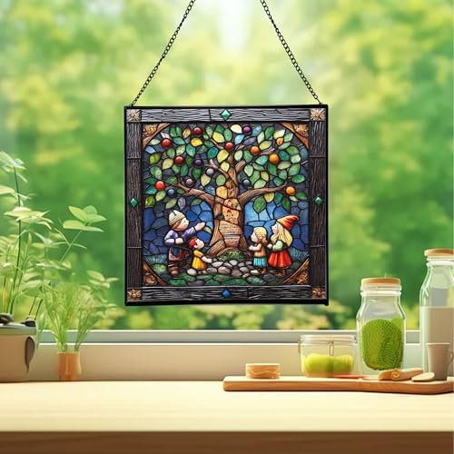 Gnome with Family Tree Stained Glass Suncatcher – Square Hanging Window Panel for Home, Garden, Nursery, Halloween, Christmas, Memorial Day – Whimsical Glass Art Gift for Gnome Lovers 3f1a3a - Image 2