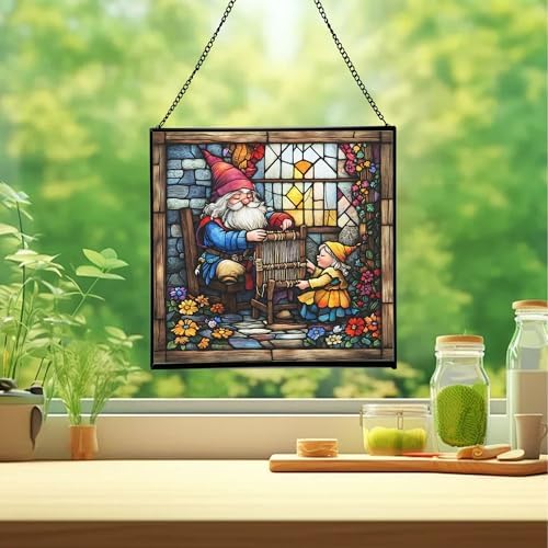 Gnome Weaving Stained Glass Suncatcher – Square Hanging Window Panel for Home, Garden, Nursery, Halloween, Christmas, Memorial Day – Whimsical Glass Art Gift for Gnome Lovers dvs12p - Image 2