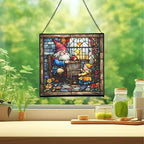 Gnome Weaving Stained Glass Suncatcher – Square Hanging Window Panel for Home, Garden, Nursery, Halloween, Christmas, Memorial Day – Whimsical Glass Art Gift for Gnome Lovers dvs12p - Image 2