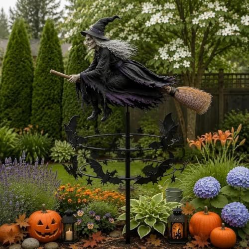 Halloween Witch Wind Spinner, 47" Metal Garden Stake with Rotating Spinning Wheels, Flying Witch Silhouette Art Decor, Spooky Outdoor Lawn Ornament for Halloween Patio Garden Pathway - Image 2