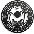 Personalized Tropical Metal Wall Art Decor - Custom Family Name Oasis Sign for Outdoor Patio, Backyard Pool & Beach House - Palm Tree Metal Wall Hanging - Personalized Housewarming Gift for Men Women by HYTSIGN