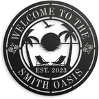 Personalized Tropical Metal Wall Art Decor - Custom Family Name Oasis Sign for Outdoor Patio, Backyard Pool & Beach House - Palm Tree Metal Wall Hanging - Personalized Housewarming Gift for Men Women by HYTSIGN