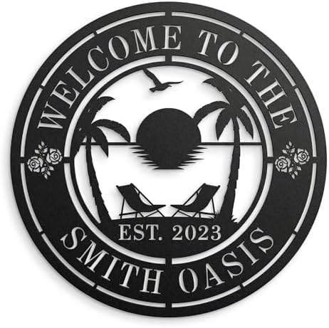 Personalized Tropical Metal Wall Art Decor - Custom Family Name Oasis Sign for Outdoor Patio, Backyard Pool & Beach House - Palm Tree Metal Wall Hanging - Personalized Housewarming Gift for Men Women by HYTSIGN