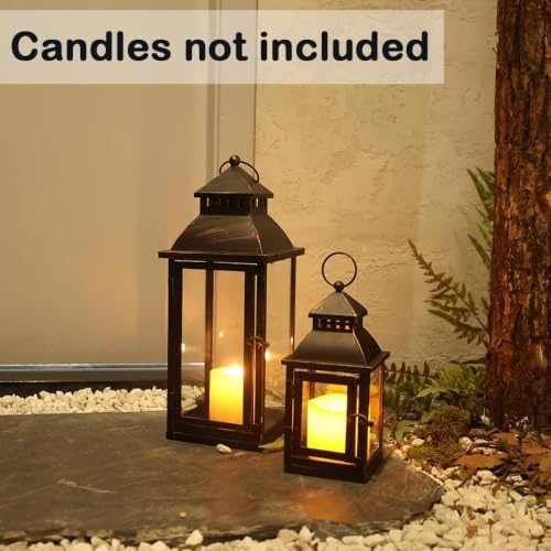NEEDOMO Lanterns Decorative Outdoor&Indoor, Set of 2 Large Bronze Metal Lantern Decor with Glass, Candle Holder for Porch, Patio, Garden, Balcony, Wedding, Table Centerpiece Decorations - Image 4