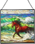 Dark Bay Thoroughbred Horse galloping along wind-cut shore Square Suncatcher – Stained Glass Style Window Panel with Pastoral Scene, Custom Decorative Hanging Art for Equestrian Home, Christmas TqsAq5 by Custom