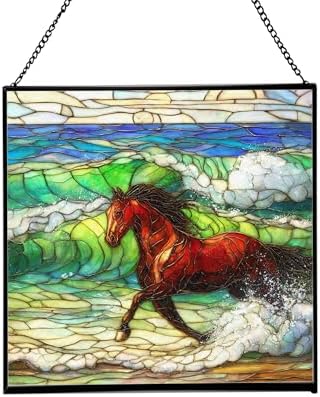Dark Bay Thoroughbred Horse galloping along wind-cut shore Square Suncatcher – Stained Glass Style Window Panel with Pastoral Scene, Custom Decorative Hanging Art for Equestrian Home, Christmas TqsAq5 by Custom