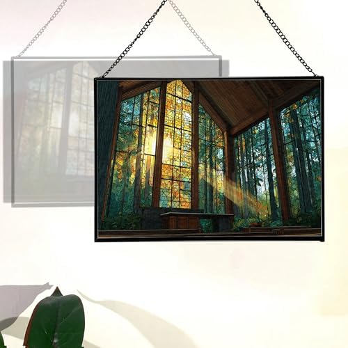 Sun Shining Through Window in Forest Chapel Rectangular Stained Glass Suncatcher – Hanging Window Panel with Animal & Nature Scene – Vibrant Glass Art Gift for Wildlife, Fantasy, Nature Lovers w19xzI - Image 3