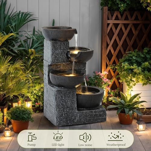 4 Tiered Waterfall Fountains, Outdoor Water Fountains with LED Lights, Garden Outside Brick Waterfalls, Modern Cascading Flow Fountain for Garden, Yard, Patio, Home Decor (Brown) - Image 5