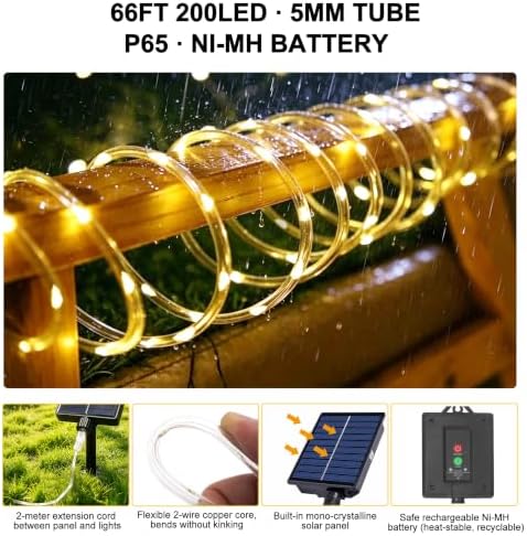 Solar Rope Lights Outdoor Waterproof, 66FT 200 LED Solar String Lights with 8 Lighting Modes,Trampoline Lights, Solar Patio Light for Garden Fence Backyard Deck Porch Pool Tree Christmas Decor - Image 3