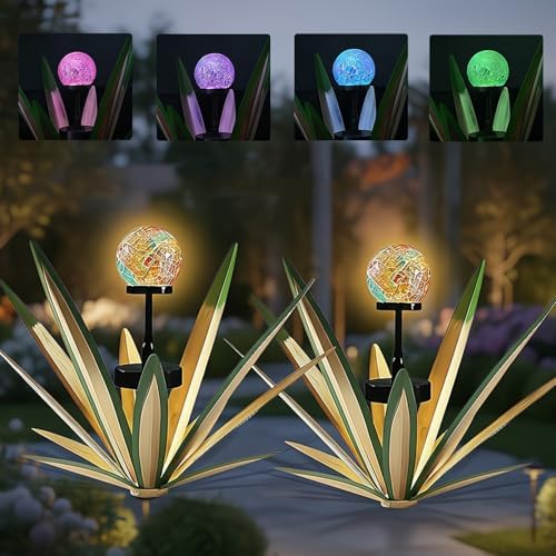 2Pack Metal Agave Rustic Sculpture Yard Decor with Solar Mosaic Light, 21Inches Height Hand Painted Metal Tequila Garden Statue Green by Hapyard