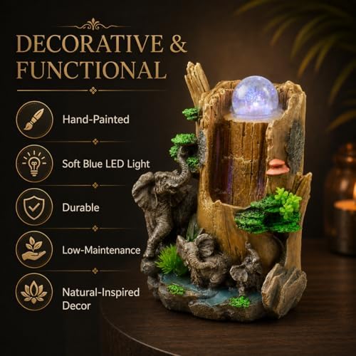 Indoor Tabletop Water Fountain with LED Light & Rolling Crystal Ball, Elephant Desktop Waterfall Fountain, Polyresin Zen Fountain for Office Desk, Living Room, Bedroom, Meditation & Home Decor - Image 2