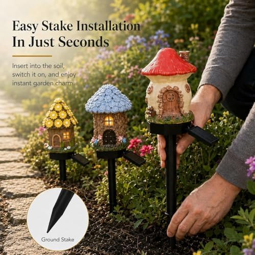 Solar Fairy-Tale Mushroom Cottage Garden Light, Whimsical Resin Fairy House Stake, Waterproof Warm Led Pathway Decor, Solar Powered Outdoor Landscape Lighting For Patio, Yard & Lawn (6PC-MIX) - Image 7