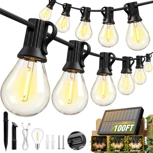 100FT Solar String Lights Outdoor, IP65 Waterproof Shatterproof Dimmable LED Bulbs, Solar & USB Powered, 20+ Hrs Long Lasting, Hanging Lights for Outside Patio, Backyard, Garden, Wedding, Party Decor by SkoiucLights