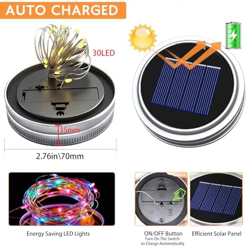 VOOKRY 12 Pack Solar Mason Jar Lights, 30 LED Mason Jar Lids Waterproof Firefly Fairy String Lights with 12 Hangers(No Jars), for Outdoor Patio Garden Yard Lawn Party Wedding Decoration - Multicolor - Image 2