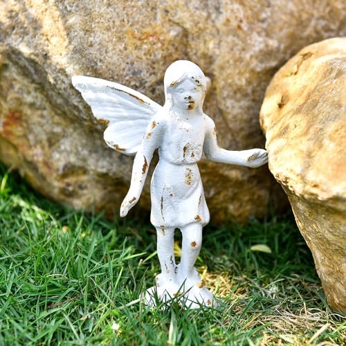 Sungmor Cast Iron Angel Statue Garden Fairy Figurines, 2 Pack Rustic White - Image 3