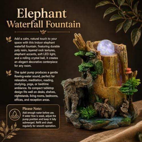 Indoor Tabletop Water Fountain with LED Light & Rolling Crystal Ball, Elephant Desktop Waterfall Fountain, Polyresin Zen Fountain for Office Desk, Living Room, Bedroom, Meditation & Home Decor - Image 3