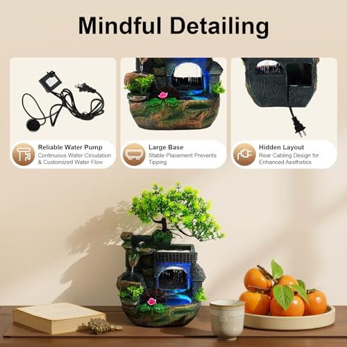 Indoor Water Fountain Rockery Ornaments, Resin Desktop Fountain with LED Lights & Automatic Pump, Tabletop Waterfall Feature for Home Office Desk Decor(7.87 * 5.9 * 11.81inch) - Image 6
