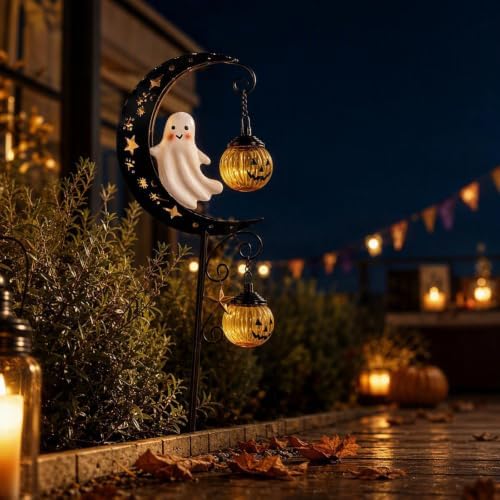 Halloween Solar Garden Stake Light Crescent Moon Cute Ghost - Image 7