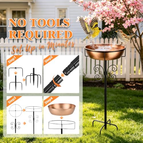 Btefd 3" Deep 43" Tall Copper Metal Bird Bath for Outdoor, 12" Dia Removable Bird Baths Water Bowl for Outside, Standing Birdbaths with Stable Stake for Garden Yard Lawn Decor 1.4 Gallon - Image 7