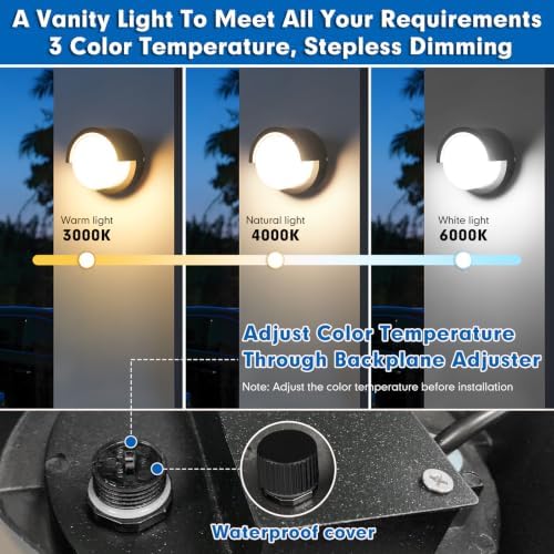 Aiwewin 1 Pack Outdoor Wall Sconces, 6 Inch Modern Round LED Exterior Light Fixtures, 1200LM 3CCT Selectable (3000K/4000K/6000K), IP65 Waterproof Black Aluminum Porch Lights for Garage, House, Garden - Image 3