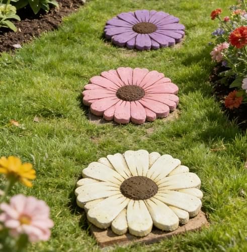 Heavy Duty Concrete Stepping Stone 10 Inch Daisy Design, Non Slip Garden Pathway Stone for Outdoor Walkway Yard Patio Lawn Fall Garden(White) - Image 2