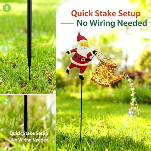 Christmas Santa Solar Kettle Light, 2PCS Waterproof Santa Solar Garden Lights Outdoor, Cute Santas Solars Watering Can Cascading Light LED, Novelty Santas Solars Christmas Decorations Night Lights - Image 3