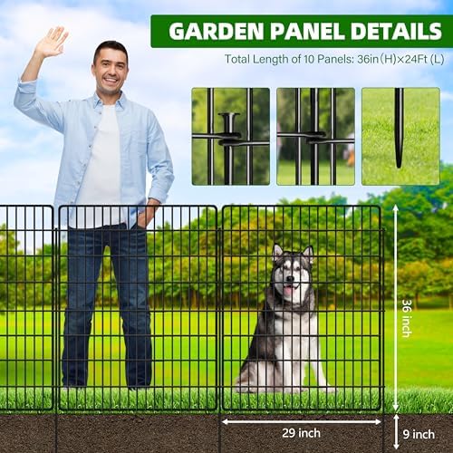 10 Panels Dog Fence Outdoor for Yard, 36 in(H) X 24 ft(L) Decorative Garden Fence Rustproof No Dig Animal Barrier Fencing Metal Wire Panel Border Patio Rabbits Ground Stakes Fencing - Image 2
