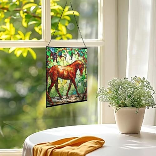 Chestnut Trakehner Horse Walking Beneath Vineyard Canopy Square Suncatcher – Stained Glass Style Window Panel with Pastoral Scene, Custom Decorative Hanging Art for Equestrian Home, Christmas Wq9NnE - Image 3