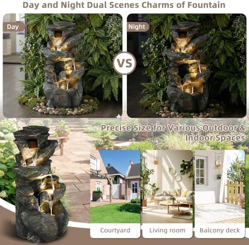 39.2" Tall Outdoor Water Fountain, 5-Tier Realistic Natural Rock Cascading Waterfall Fountain with LED Lights, Resin Garden Water Feature for Patio, Deck, Backyard and Home Art Décor - Image 7