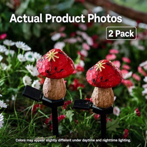Solar Mushroom Lights Outdoor, 2 Pack Waterproof Decorative Garden Pathway Lights, Hand-Painted Resin Fairy Garden Decor for Yard Lawn Patio Walkway, Unique Gift for Women Garden Lovers - Image 2