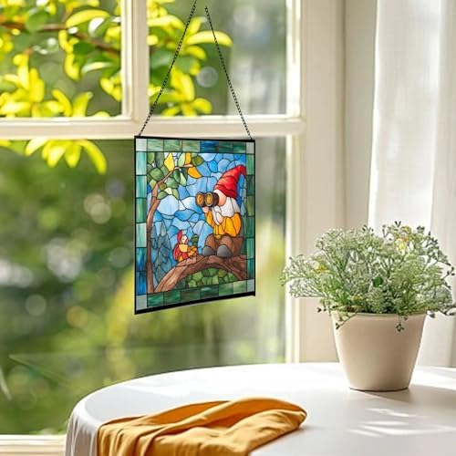 Gnome with Bird Watching Stained Glass Suncatcher – Square Hanging Window Panel for Home, Garden, Nursery, Halloween, Christmas, Memorial Day – Whimsical Glass Art Gift for Gnome Lovers yhkgtd - Image 3