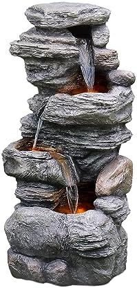 Teamson Home 39.37 in. Outdoor Faux Stacked Stone 4-Tier Water Fountain with LED Lights and Pump, Gray by TeamsonHome