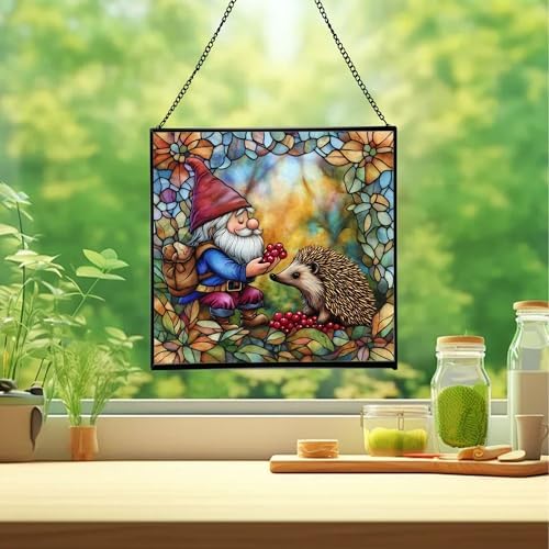 Gnome and Hedgehog Friends Stained Glass Suncatcher – Square Hanging Window Panel for Home or Greenhouse – Whimsical Glass Art Gift for Garden Lovers, Christmas, Halloween, Father Days 3plY32 - Image 2