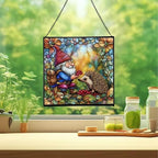 Gnome and Hedgehog Friends Stained Glass Suncatcher – Square Hanging Window Panel for Home or Greenhouse – Whimsical Glass Art Gift for Garden Lovers, Christmas, Halloween, Father Days 3plY32 - Image 2