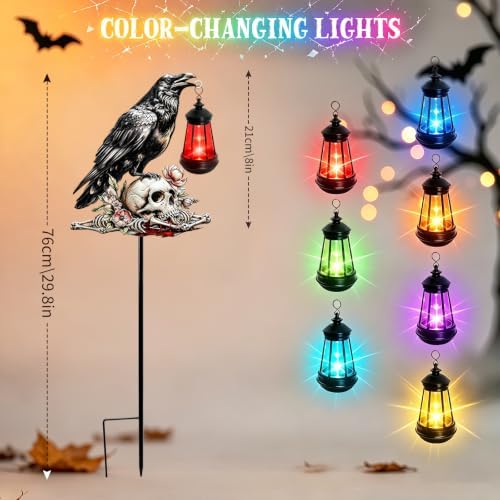Halloween Decorations Outdoor, Crow Skull with Color Changing Solar Lantern - Image 2