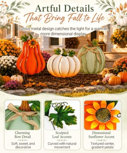 Fall Outdoor Decor Metal Pumpkin Yard Stakes - Large Outdoor Pumpkin Decor with Sunflower, Leaves & Bow, Tall Fall Yard Decor for Porch Garden Lawn Autumn Thanksgiving Decorations Set of 3 - Image 4