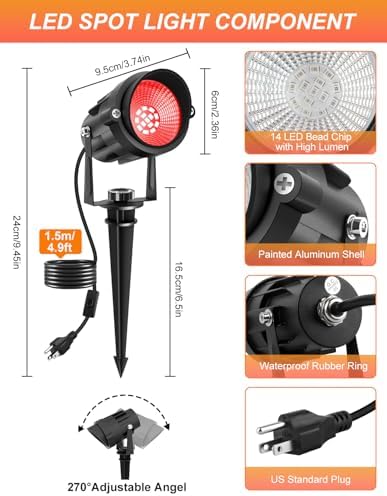 Halloween Red Landscape Lights Outdoor, 14 LED Landscape Lighting with US Plug, IP65 Waterproof Spotlights for Tree Yard Garden Pathway Christmas Decor 8 Pack - Image 3