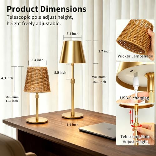 Outdoor Waterproof Rechargeable Cordless LED Table Lamp with Telescopic Pole and Wicker Shade, 5200mAh Touch Dimmable Battery Operated Table Light for Patio Restaurant Kitchen (Gold 2 Pack) - Image 3