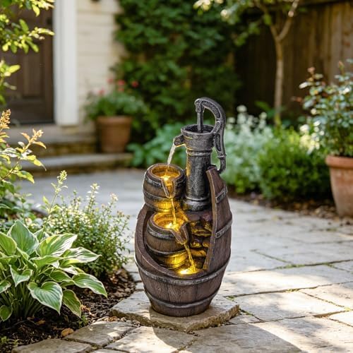 Vintage Pump Barrel Outdoor Water Fountain, Resin & LED, 21.7 in by Swiftbloom