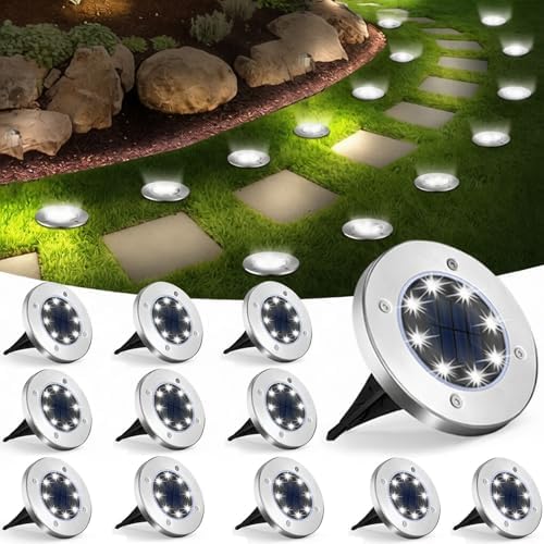 UFOND 12 Pack Solar Ground Lights，Outdoor Waterproof LED Gardenlight, Disklights for Lawn Pathway Yard Walkway Driveway Patio Deck, Solar Lights (Cold White) by UFOND