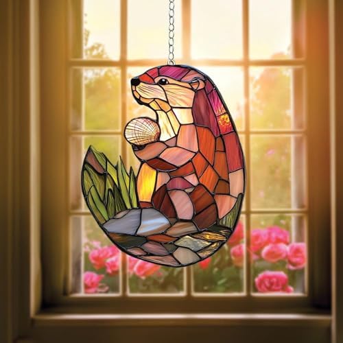 Couple Otters Acrylic Suncatcher Size 12 inches, Boho Stained Glass Effect Window Hanging Ornament, Garden Decor, Gift for Mother's Day by XISZYS