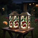 Solar Lantern Outdoor Garden Hanging Lantern Stained Glass Cherry Branch Green Leaves Red Fruit Vintage Style Waterproof Solar Powered Lighting Outside Table Lamp for Patio Deck Yard Camping - Image 6