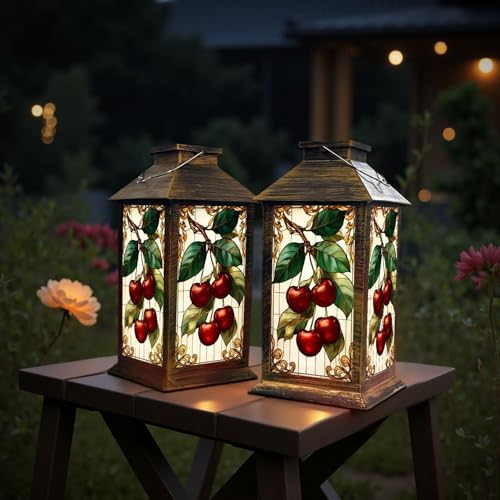 Solar Lantern Outdoor Garden Hanging Lantern Stained Glass Cherry Branch Green Leaves Red Fruit Vintage Style Waterproof Solar Powered Lighting Outside Table Lamp for Patio Deck Yard Camping - Image 6